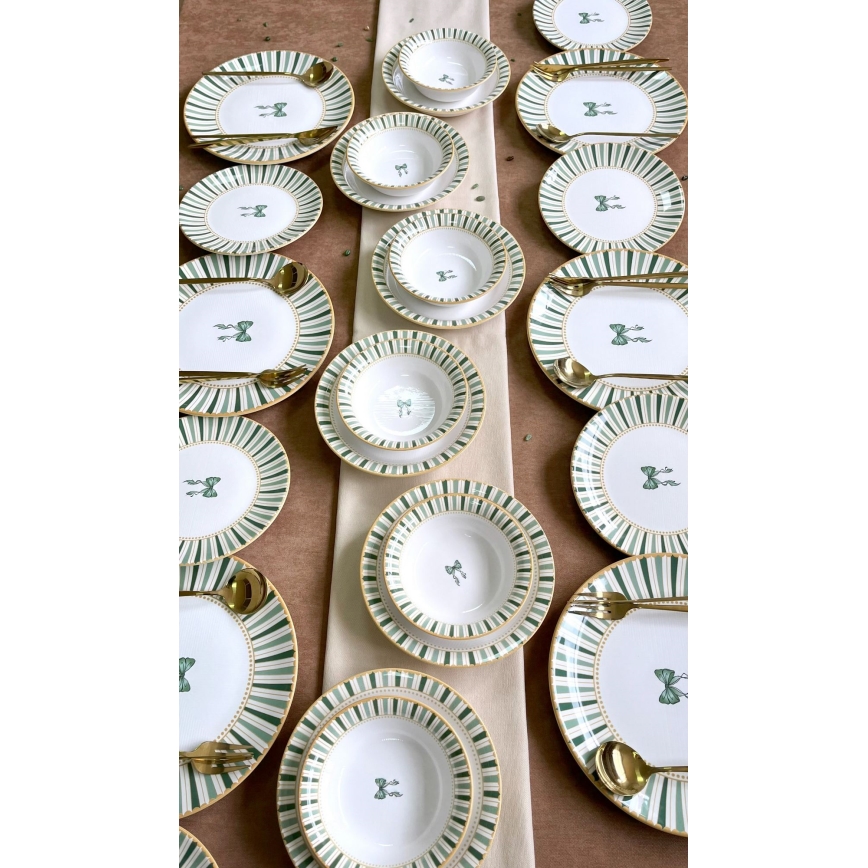 24-dijelni blagovaonski set, bijele/zelene/zlatne boje, keramika