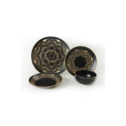 24-dijelni set za jelo, crno-zlatni, keramika