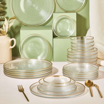 24-dijelni set za jelo od prozirnog stakla sa zlatnim detaljima