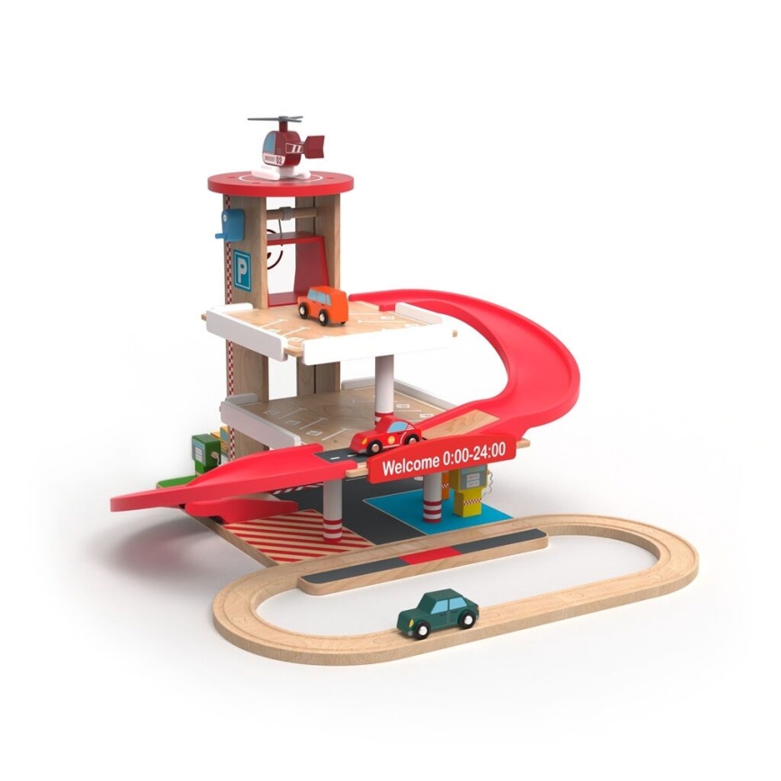 2Kids Toys - Drvena garaža sa željezničkom prugom