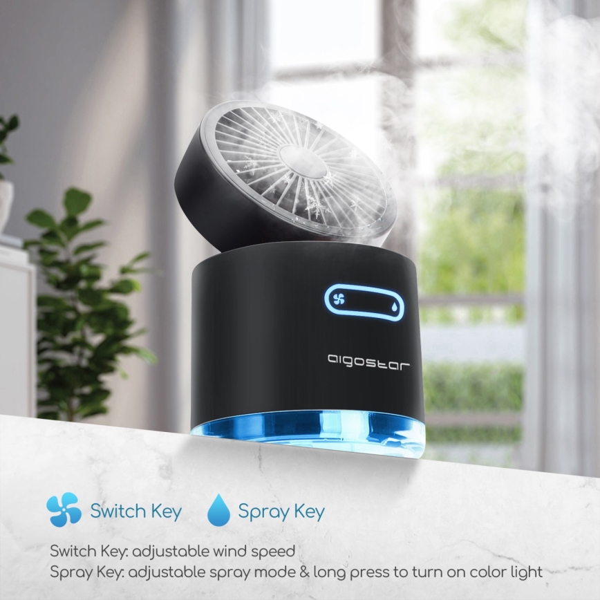 Aigostar - RGB Bežični mini stolni ventilator s efektom magle MIST 10W/5V crna