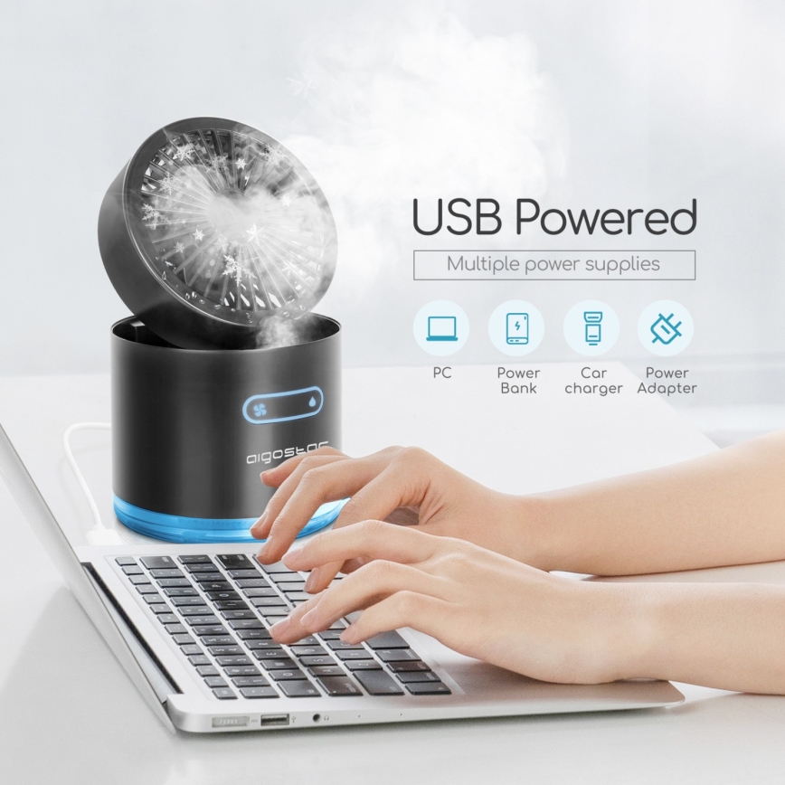 Aigostar - RGB Bežični mini stolni ventilator s efektom magle MIST 10W/5V crna