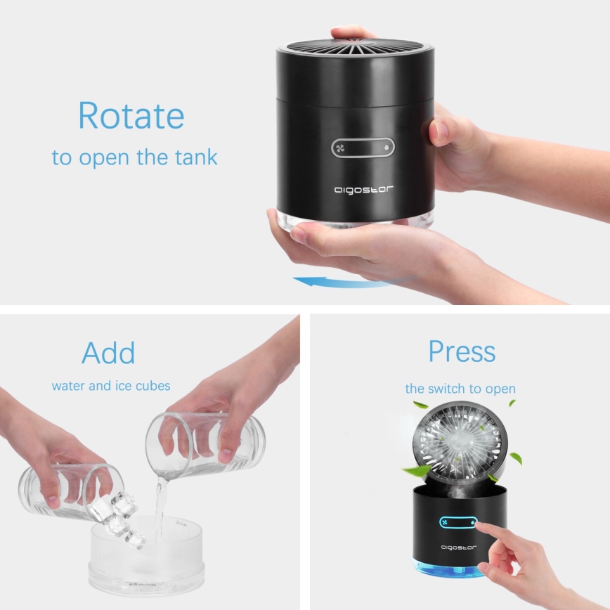 Aigostar - RGB Bežični mini stolni ventilator s efektom magle MIST 10W/5V crna