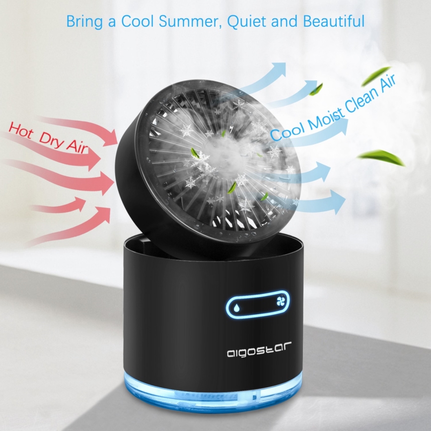 Aigostar - RGB Bežični mini stolni ventilator s efektom magle MIST 10W/5V crna