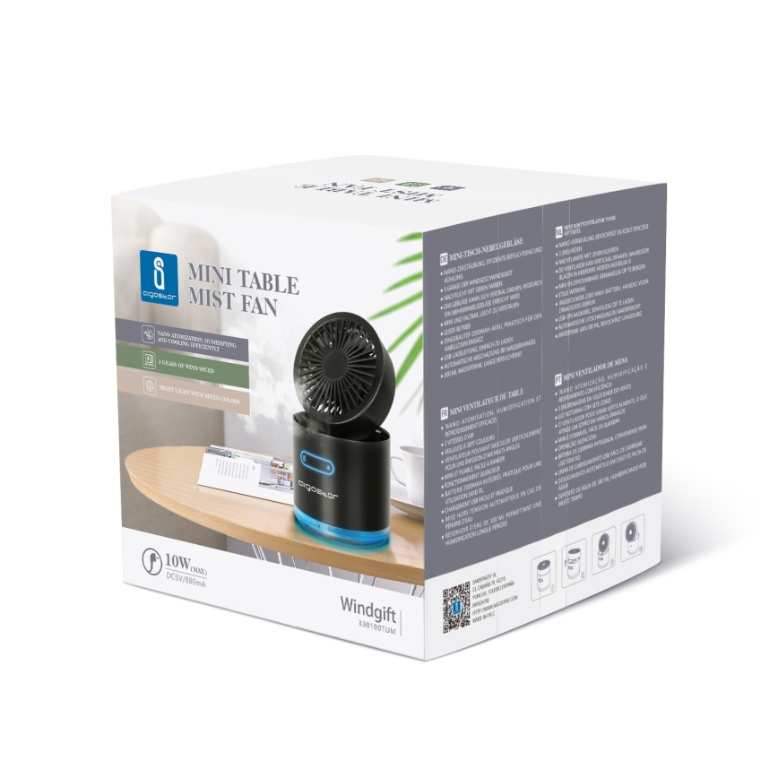 Aigostar - RGB Bežični mini stolni ventilator s efektom magle MIST 10W/5V crna