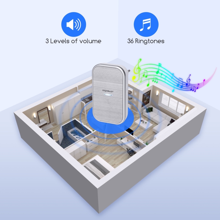 Aigostar - Bežični zvono za utičnicu 230V/12V IP44 srebrna