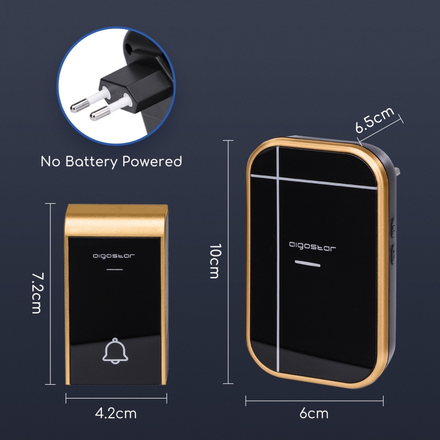 Aigostar - Bežični zvonac za utičnicu 230V/12V IP44 crni