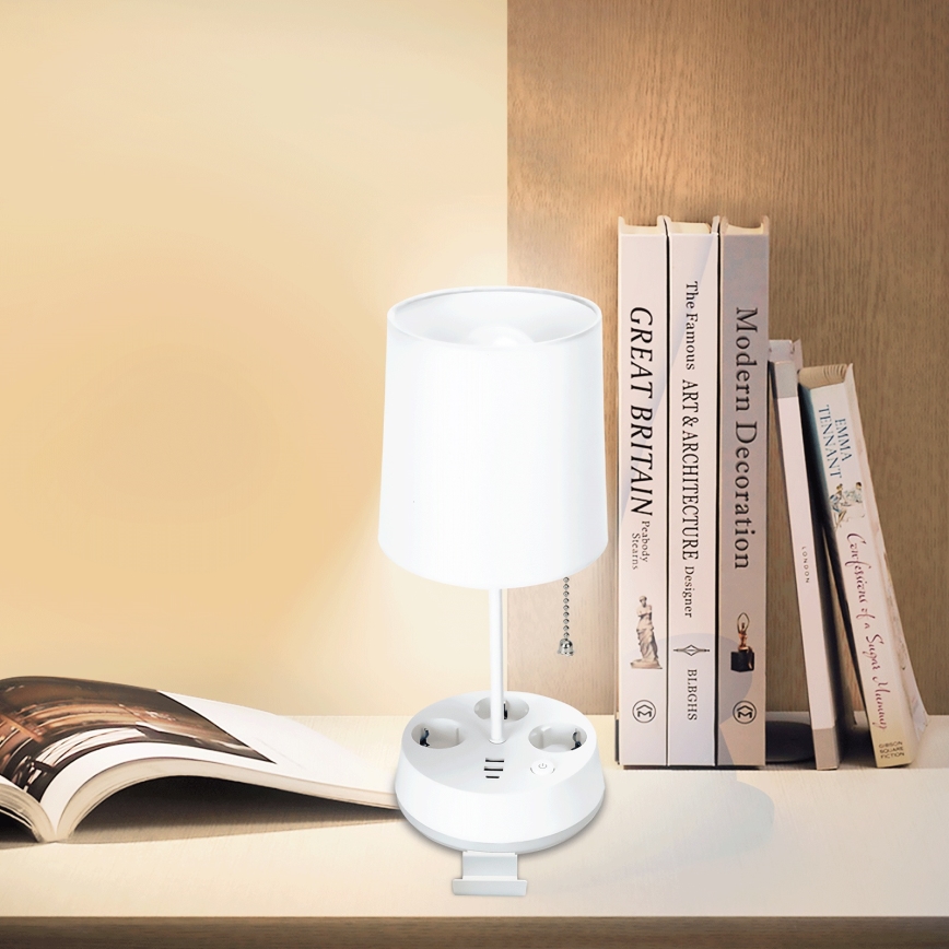 Aigostar - Bijela stolna lampa s utičnicama i USB portovima 1xE27/60W/230V