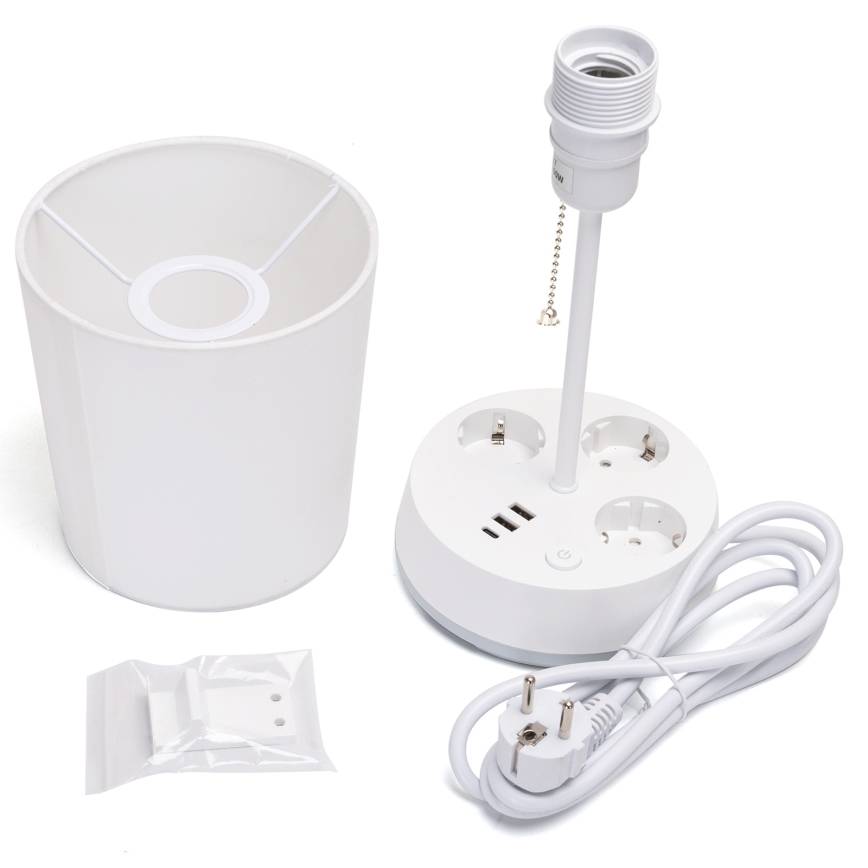 Aigostar - Bijela stolna lampa s utičnicama i USB portovima 1xE27/60W/230V