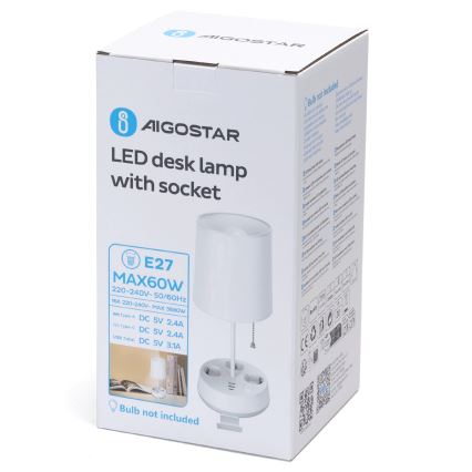 Aigostar - Bijela stolna lampa s utičnicama i USB portovima 1xE27/60W/230V