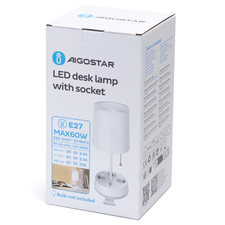 Aigostar - Bijela stolna lampa s utičnicama i USB portovima 1xE27/60W/230V