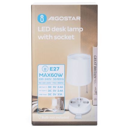 Aigostar - Bijela stolna lampa s utičnicama i USB portovima 1xE27/60W/230V