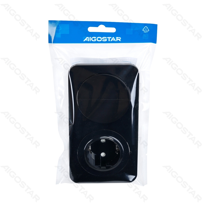 Aigostar - Dvostruki prekidač br. 5 i SCHUKO utičnica 230V s okvirom, crna