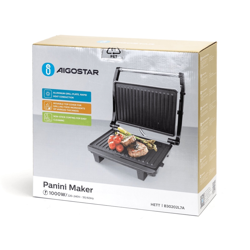 Aigostar - Kontaktni roštilj 1000W/230V crna/mat krom