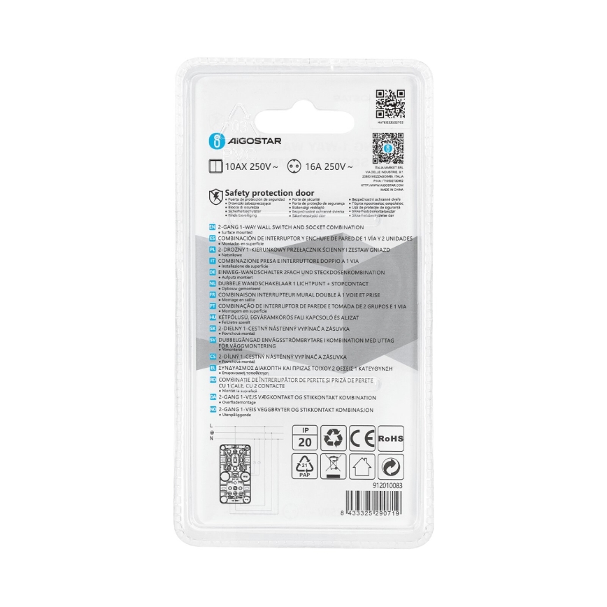 Aigostar - Kućni prekidač 2P s utičnicom 1x10A/250V