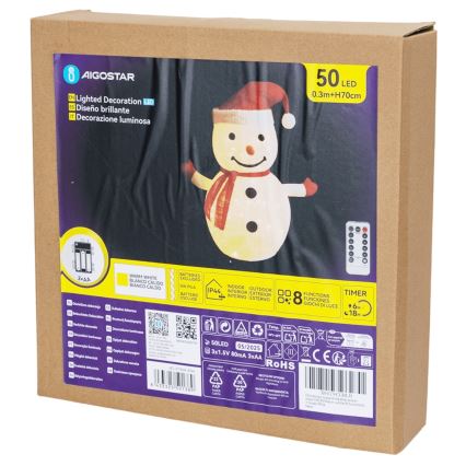 Aigostar - LED božićna vanjska dekoracija 50xLED/3xAA 0,7m IP44 snjegović + daljinski upravljač