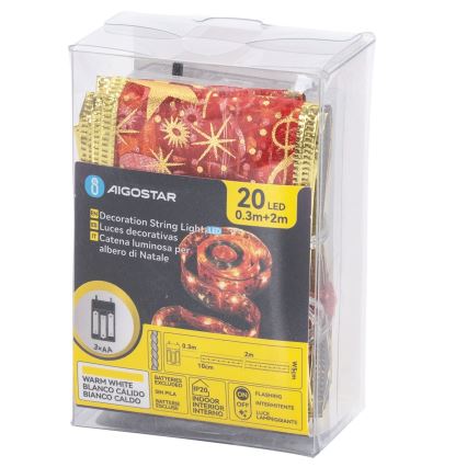 Aigostar - LED božićni lanac 20xLED/3xAA 2 m topla bijela crvena