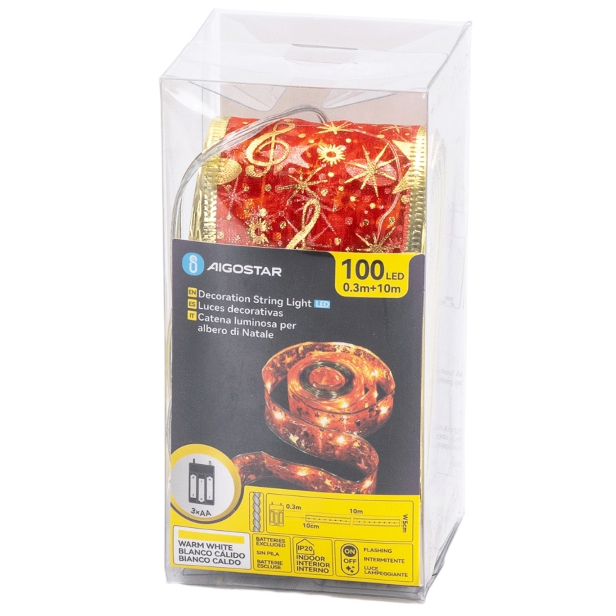 Aigostar - LED božićni niz 100xLED/3xAA 10 m topla bijela crvena