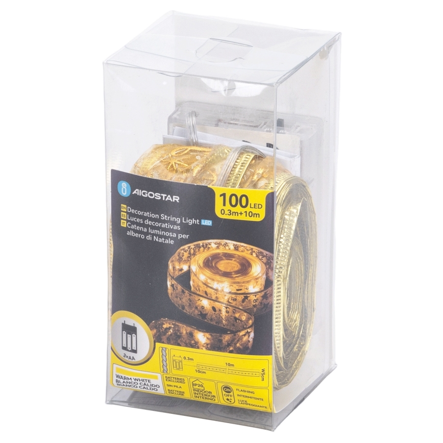 Aigostar - LED božićni niz 100xLED/3xAA 10 m toplo bijela zlatna