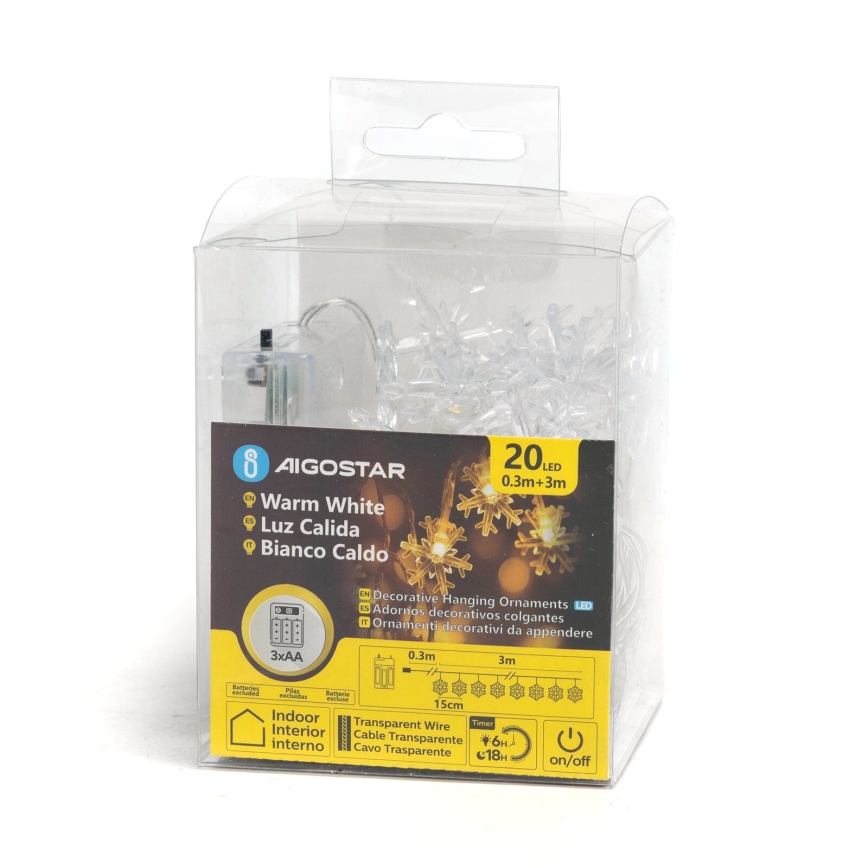 Aigostar - LED Božićni niz 20xLED/3xAA 3,3m pahuljice