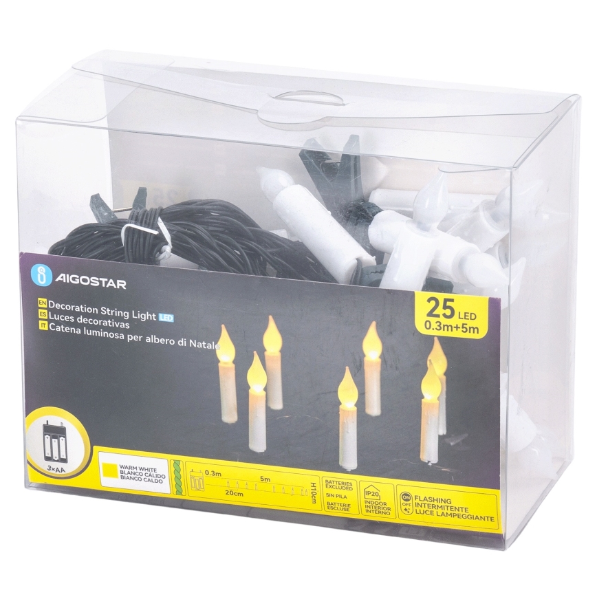 Aigostar - LED božićne lampice, 25 LED, napajanje 3×AA, 5 m, toplo bijelo svjetlo
