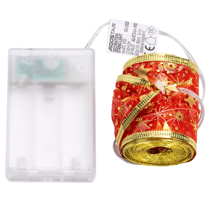 Aigostar - LED božićni niz 50xLED/3xAA, 5 m, topla bijela, crvena