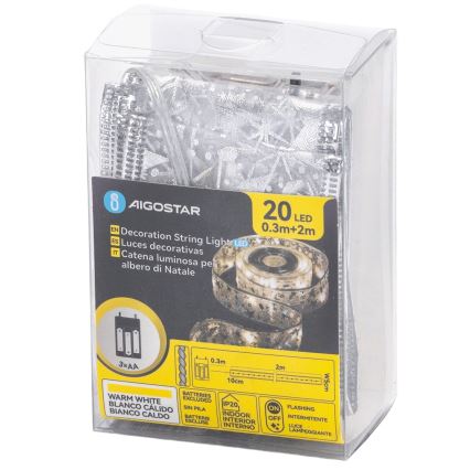 Aigostar - LED božićne lampice 20xLED/3xAA 2 m topla bijela srebrna