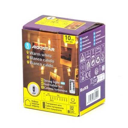 Aigostar - LED Dekorativni lanac 10xLED/5W/USB 5 m topla bijela