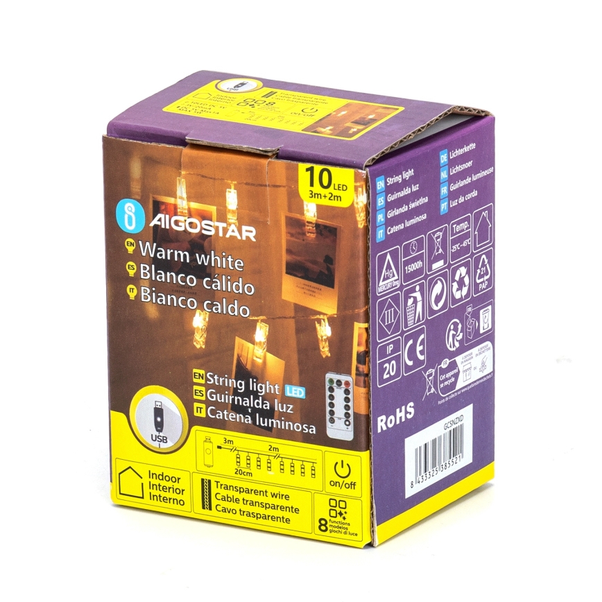 Aigostar - LED Dekorativni lanac 10xLED/5W/USB 5 m topla bijela