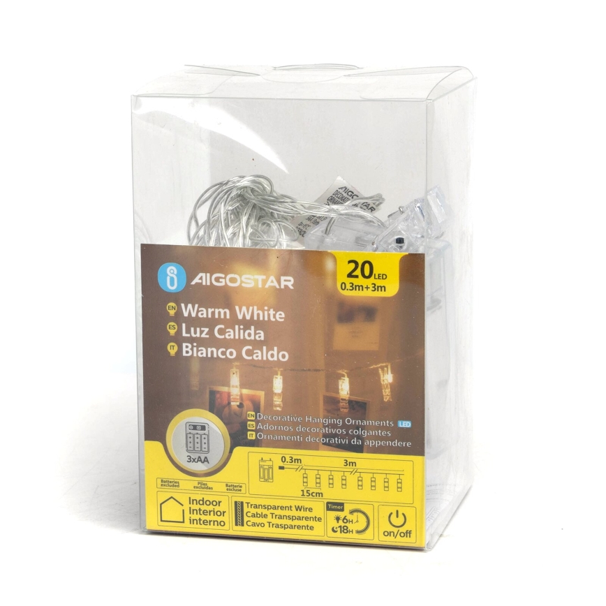 Aigostar - LED Dekorativni lanac s kvačicama 20xLED/3xAA 3,3m topla bijela