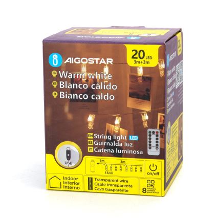 Aigostar - LED dekorativni niz 20xLED/5W/USB 6 m topla bijela