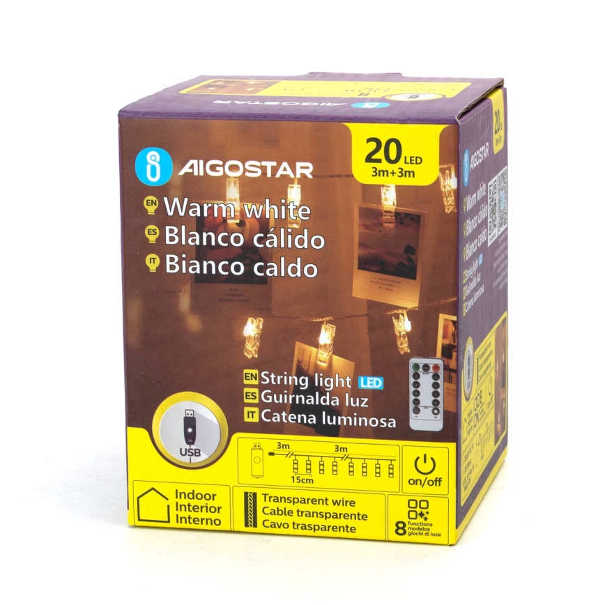 Aigostar - LED dekorativni niz 20xLED/5W/USB 6 m topla bijela