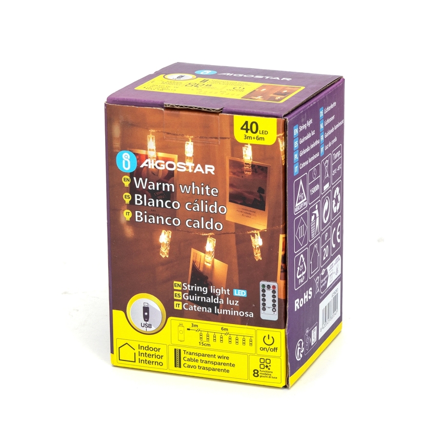 Aigostar - LED dekorativni niz 40xLED/5W/USB 9 m topla bijela