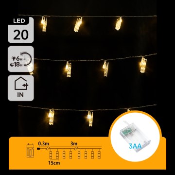 Aigostar - LED dekorativni niz sa štipaljkama 20xLED/3xAA 3,3m topla bijela