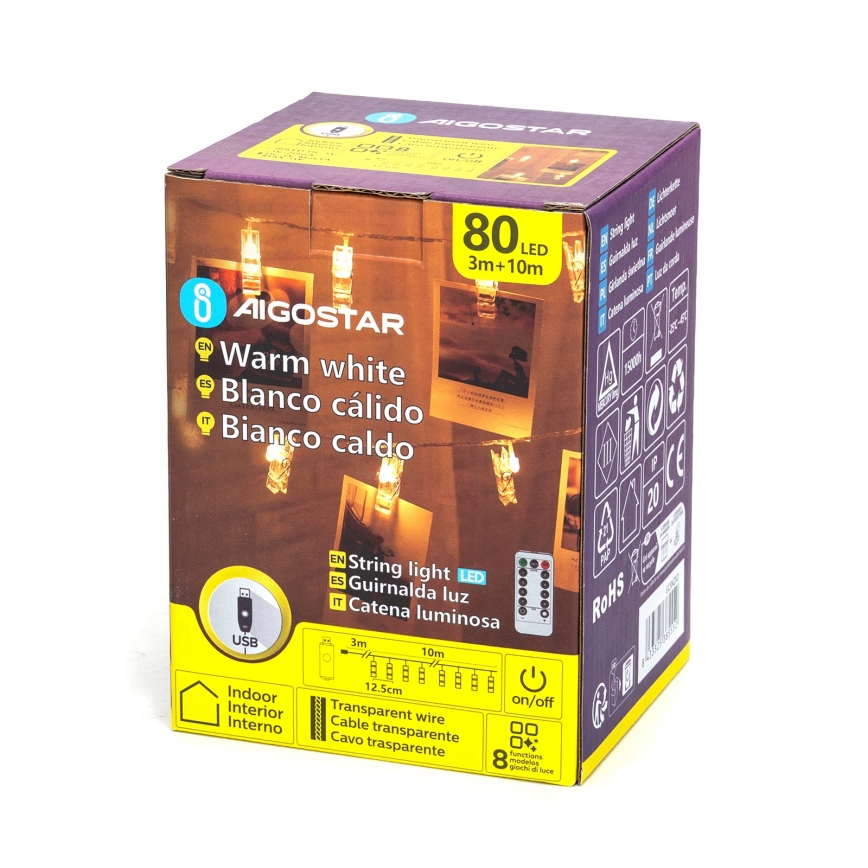 Aigostar - LED dekorativni svjetlosni niz 80xLED/5W/USB 13 m topla bijela
