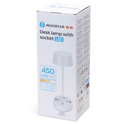 Aigostar - LED Dimmable stolna lampa s utičnicama i USB LED/4,6W/230V 3000/4000/6500K bijela