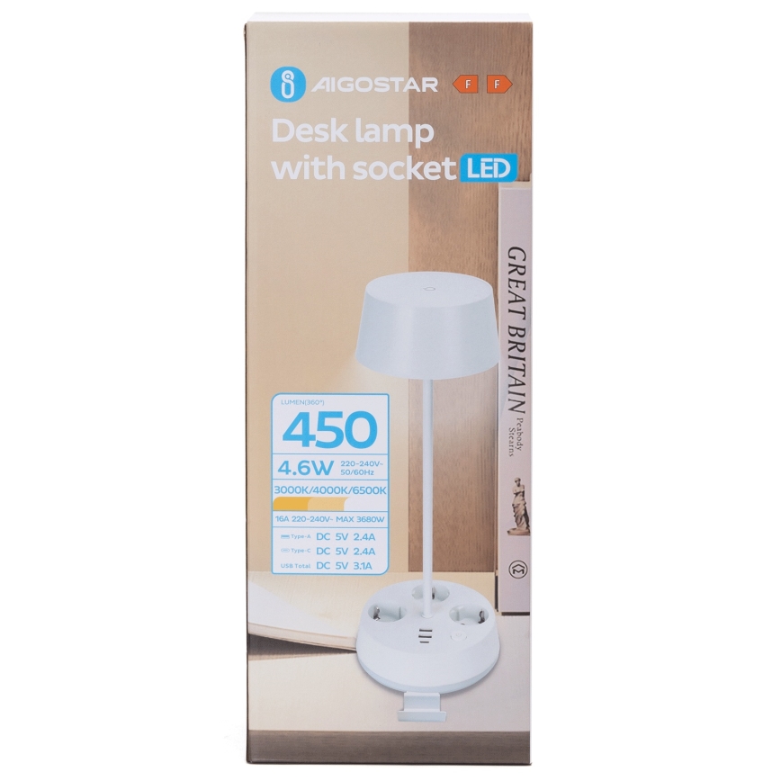Aigostar - LED Dimmable stolna lampa s utičnicama i USB LED/4,6W/230V 3000/4000/6500K bijela