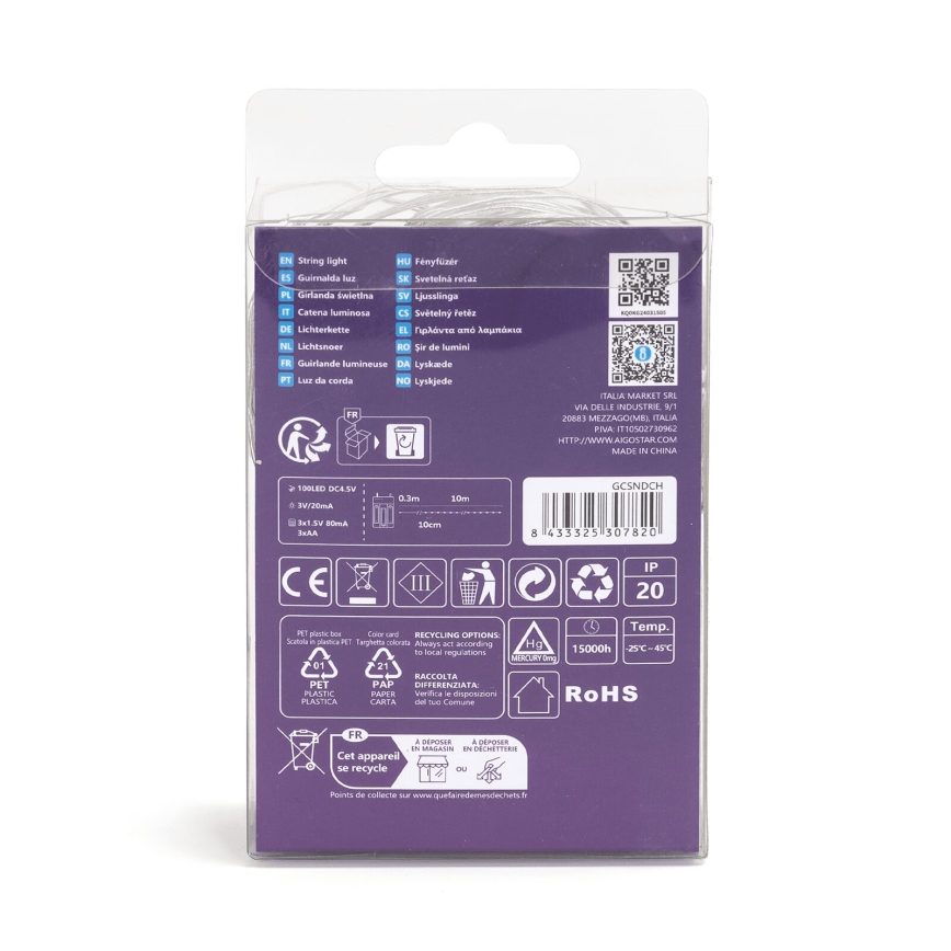 Aigostar - LED  lanac 100xLED/3xAA 10,3m topla bijela