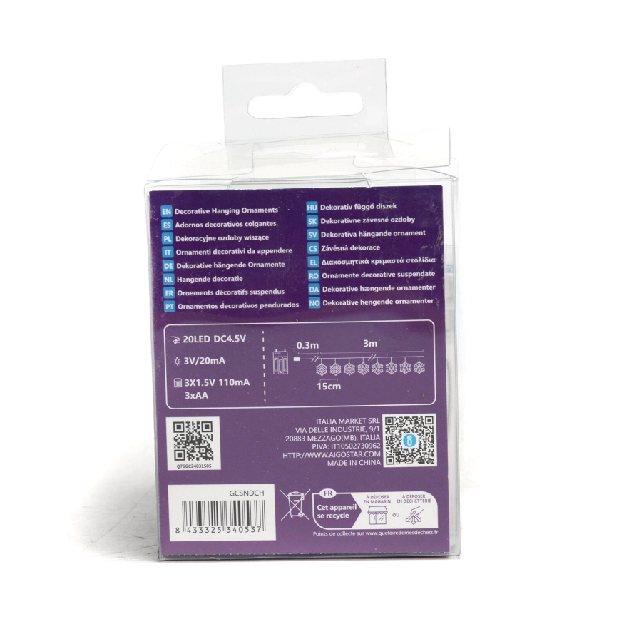 Aigostar - LED lanac 20xLED/3xAA 3,3m pahuljice