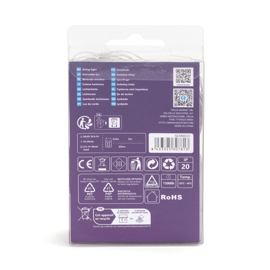 Aigostar - LED lanac 50xLED/3xAA 5,3m topla bijela