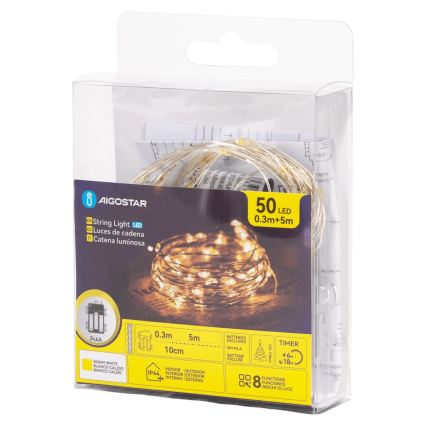 Aigostar - LED vanjska girlanda 50xLED/8 funkcija 3xAA 5,3 m topla bijela