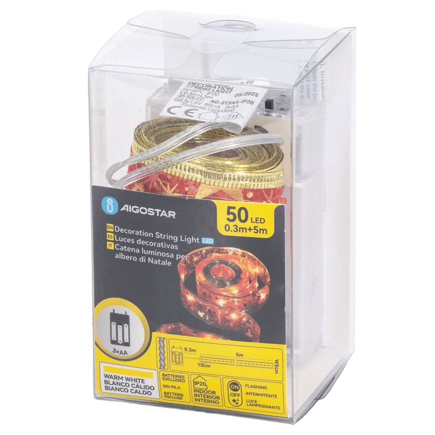 Aigostar - LED lanac 50xLED/3xAA 5m topla bijela crvena