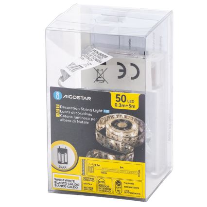 Aigostar - LED lanac 50xLED/3xAA 5 m topla bijela srebrna