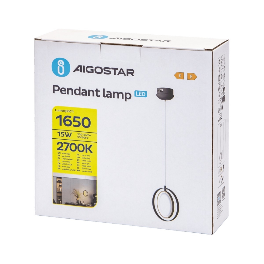Aigostar - LED Luster na sajli LED/15W/230V 2700K crna