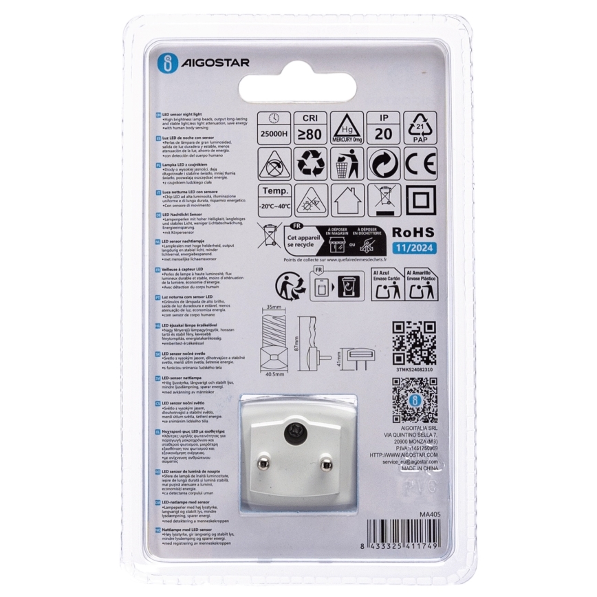 Aigostar - LED Noćno svjetlo sa senzorom za dan/noć LED/0,2W/230V 3000K
