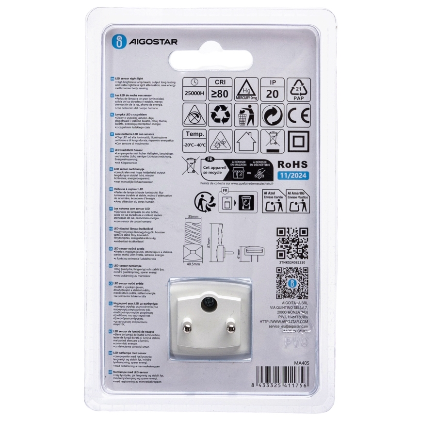 Aigostar - LED Noćno svjetlo sa senzorom za dan/noć LED/0,2W/230V 6500K
