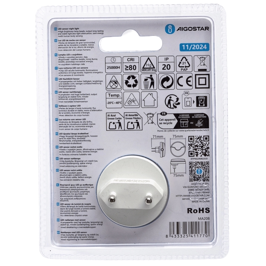 Aigostar - LED Noćno svjetlo sa senzorom za dan/noć LED/0,5W/230V 6500K