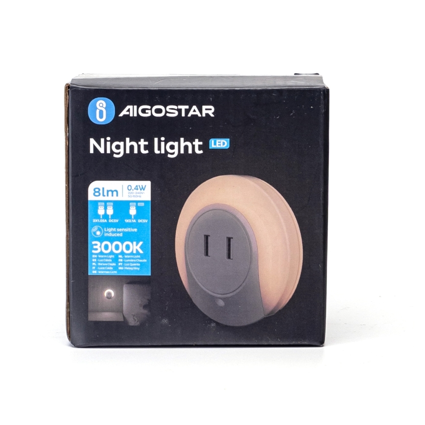 Aigostar - LED noćna svjetiljka sa senzorom sumraka za utičnicu s USB priključkom LED/0,4W/230V