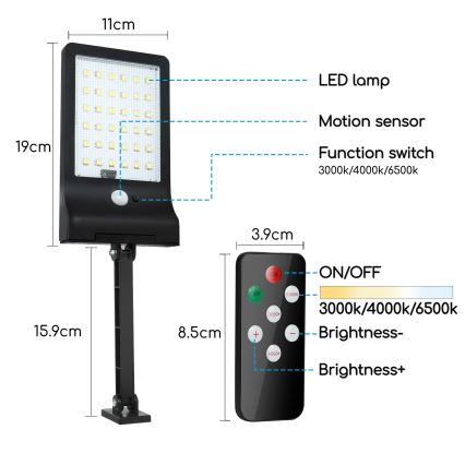 Aigostar - LED Prigušiva solarna lampa sa senzorom LED/2,3W/5,5V IP65 1800 mAh + daljinski upravljač