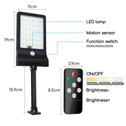 Aigostar - LED Prigušiva solarna lampa sa senzorom LED/2,3W/5,5V IP65 + daljinski upravljač